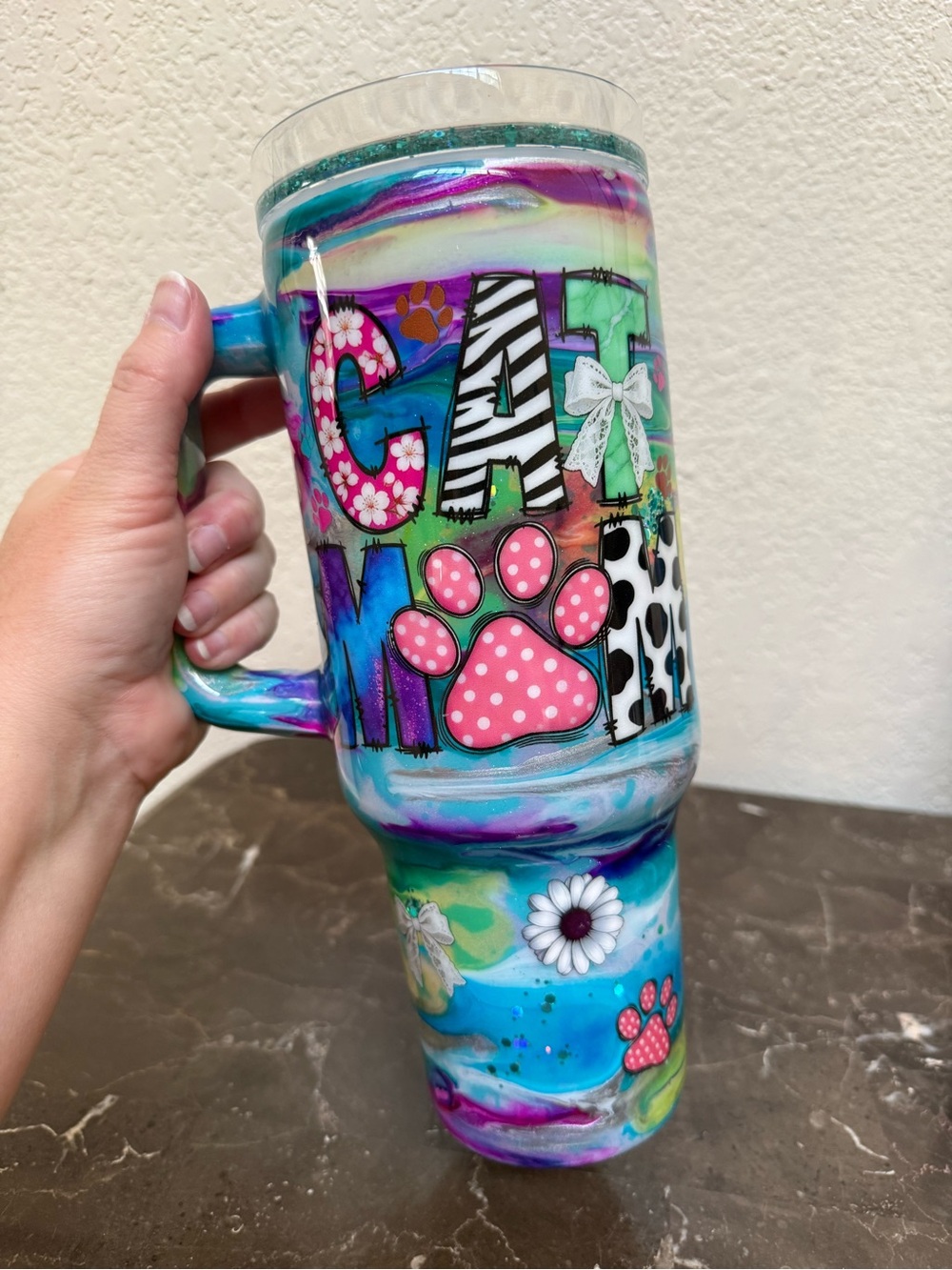 Colorful Cat Mom Glitter Tumbler Cup 40 oz Handle Handmade